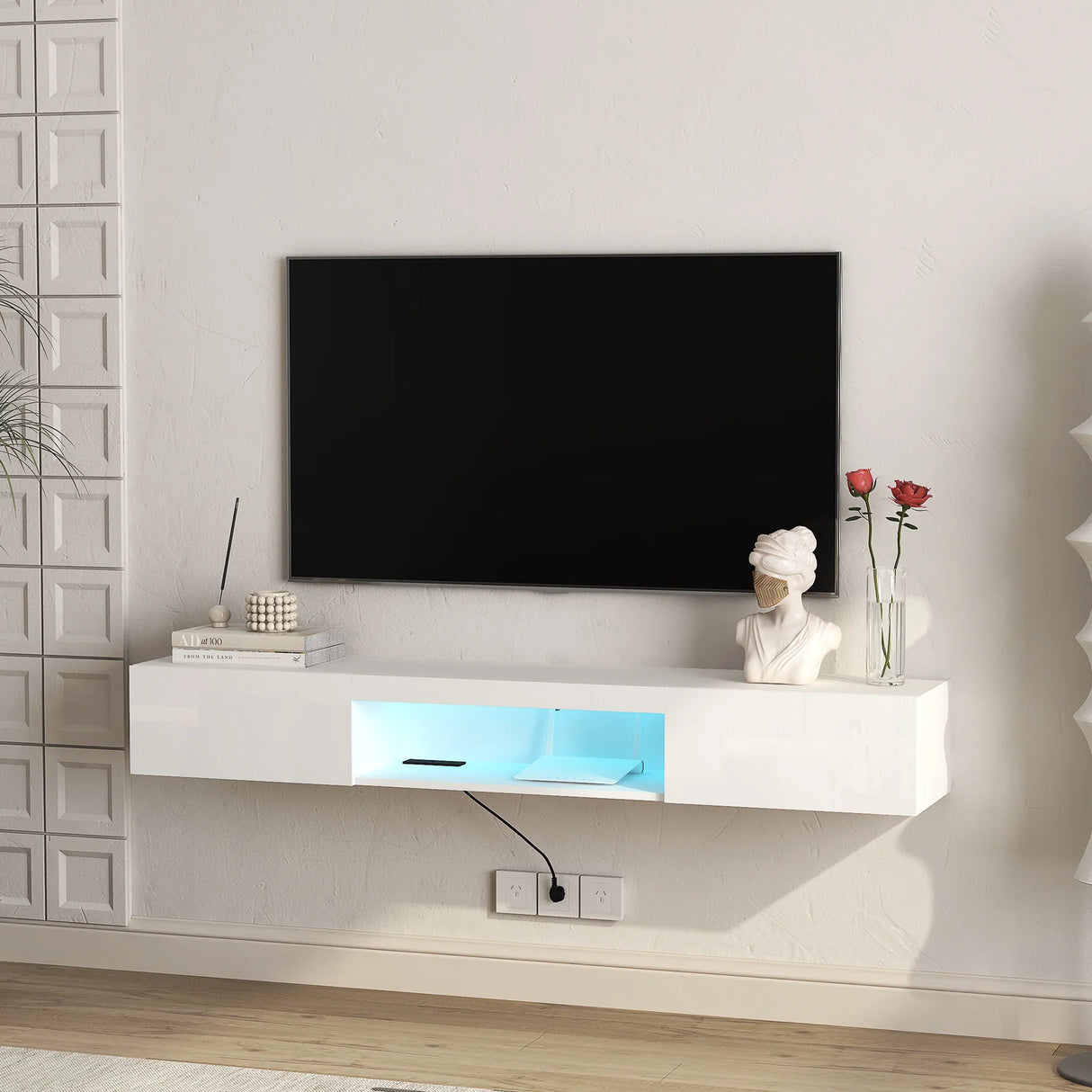 Wall Mounted TV Stand 63 Inch LED Illuminated White - Furniture Home Direct