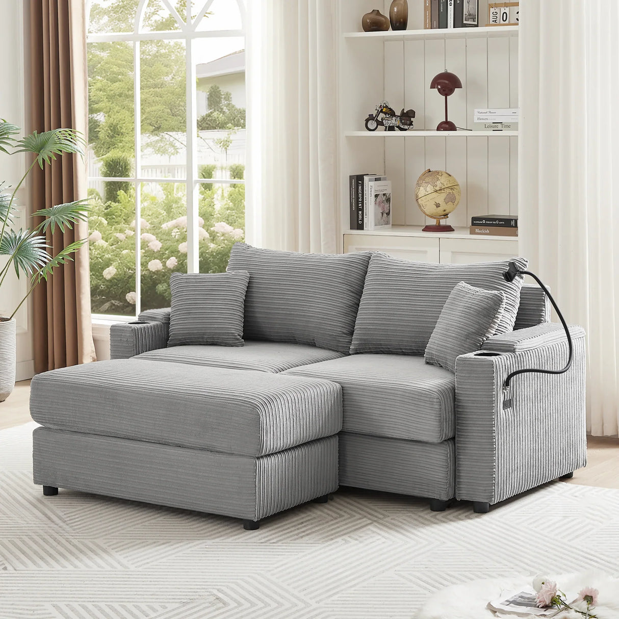 Modern Style Loveseat With Storage, Ottoman, Two USB Ports, Two Cup Holders and Phone Holder - Gray - Furniture Home Direct