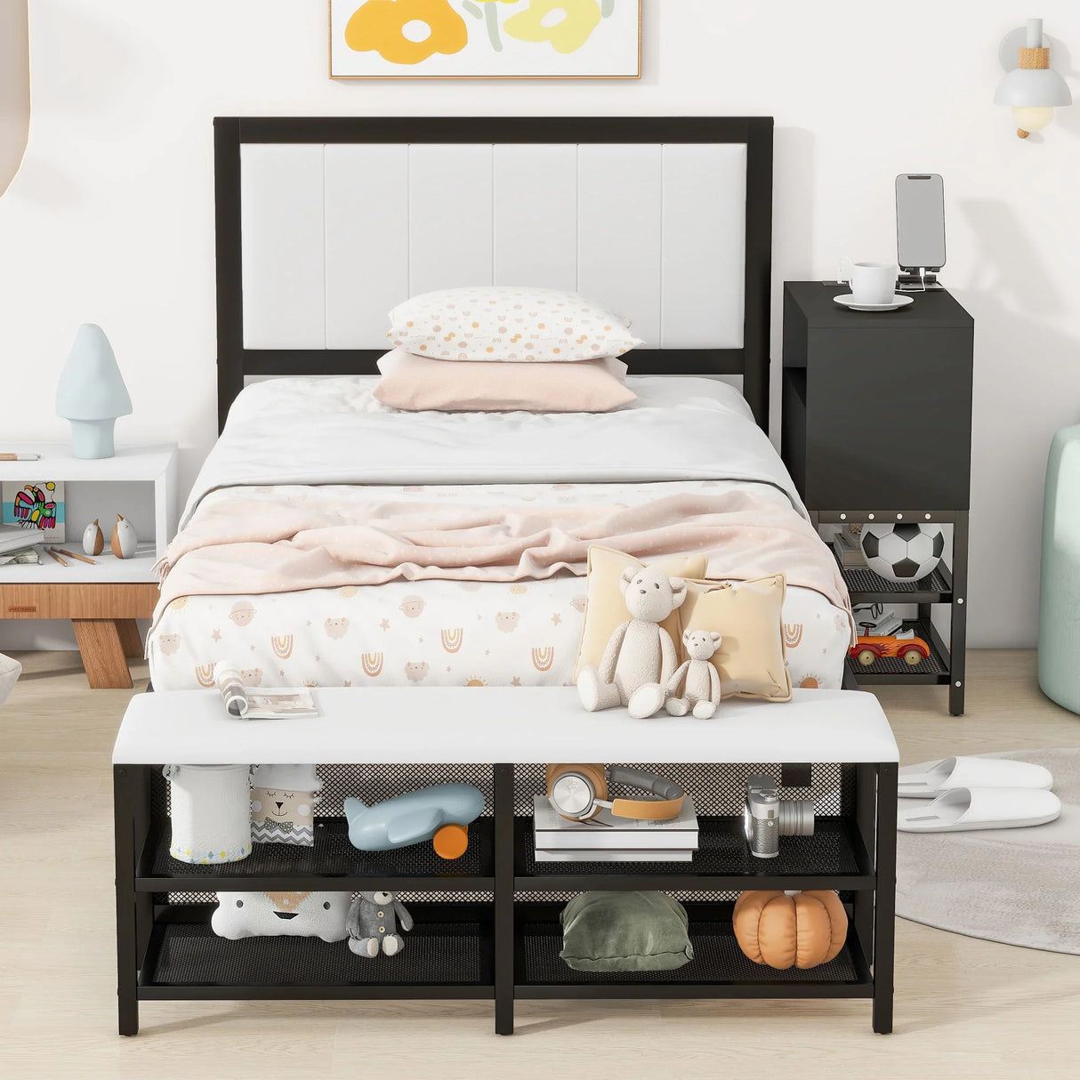 Platform Bed With 2 Tier Storage Shelves, Storage Cabinet - Furniture Home Direct
