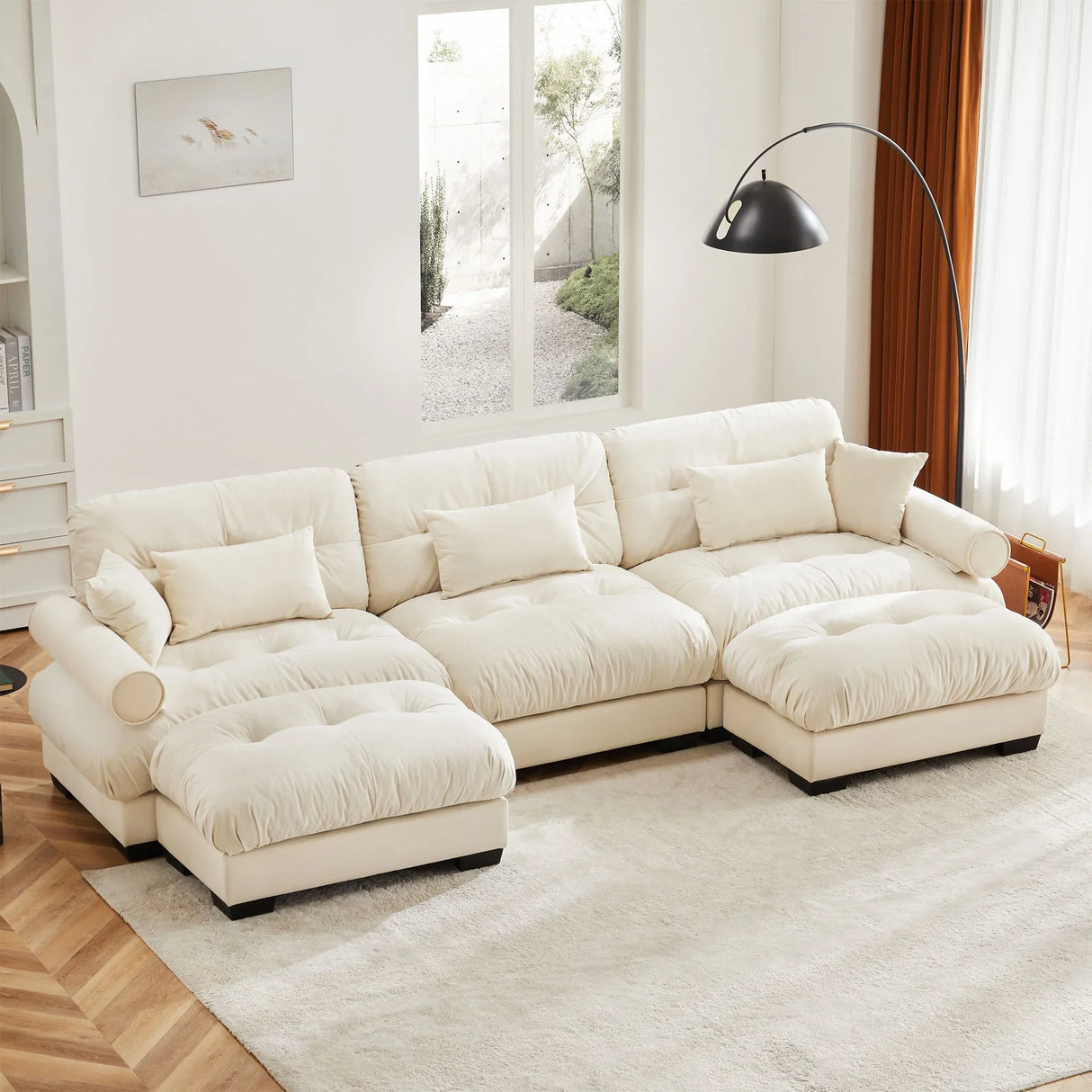 Modern Sectional Sofa With Ottoman, Round Bolster Armrests, Waist And Throw Pillows - Furniture Home Direct