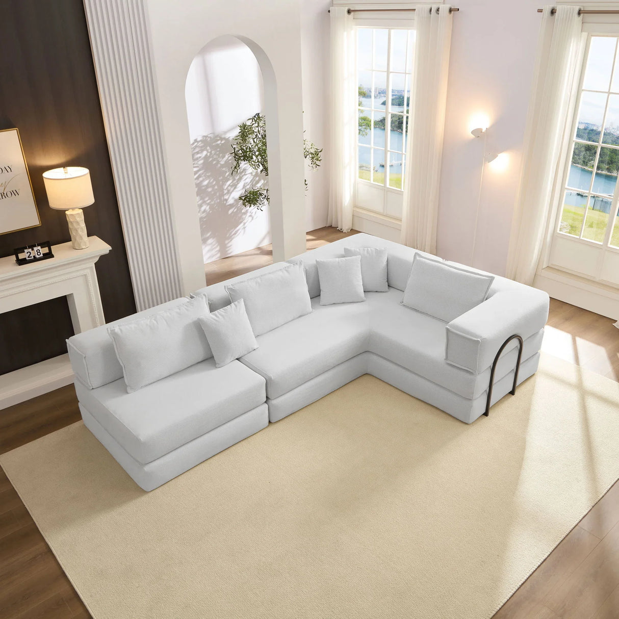 Modular L Shaped Floor Living Room Sofa Set With 6 Pillows - Furniture Home Direct