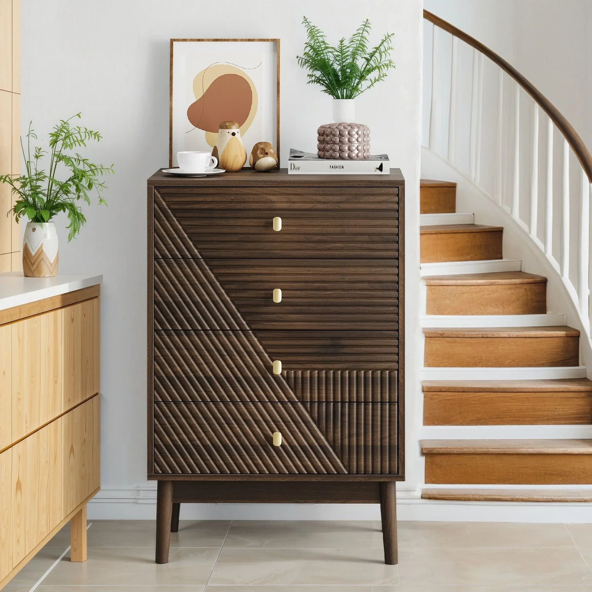 Modern 4 Drawer Dresser Chest For Living Room, Bedroom, Corridor Wooden Storage Cabinet - Walnut - Furniture Home Direct