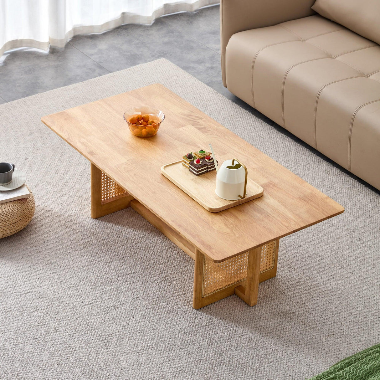 Coffee Table Solid Wood With Woven Rattan Panels Natural - Furniture Home Direct