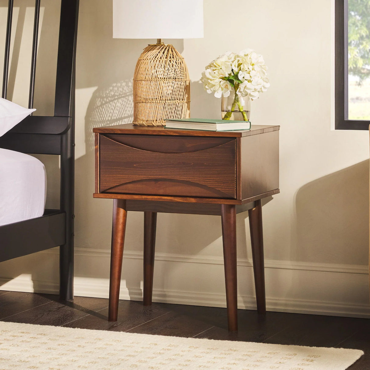 Mid-Century Modern 1 Drawer Solid Wood Nightstand - Walnut - Furniture Home Direct