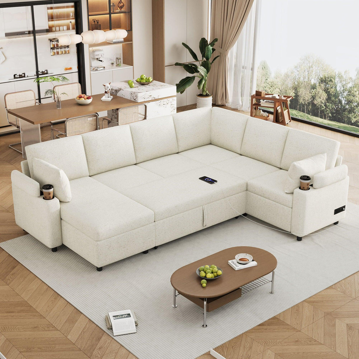 U-Shaped Sectional Sleeper Sofa With Ample Storage Space, 2 Cup Holders And Charging Ports For Living Room - Furniture Home Direct