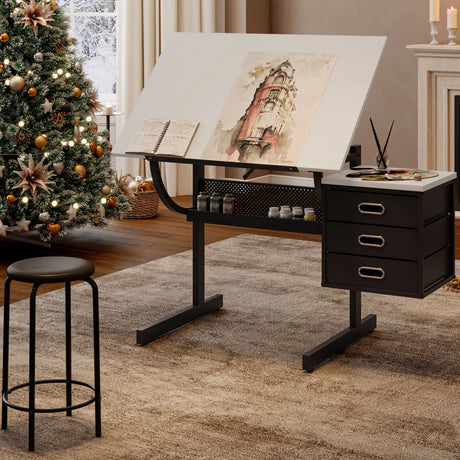 Adjustable Drafting Drawing Table With Stool And 3 Drawers - White / Black - Furniture Home Direct