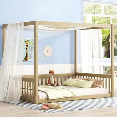 Canopy Frame Floor Bed With Fence, Guardrails - Furniture Home Direct