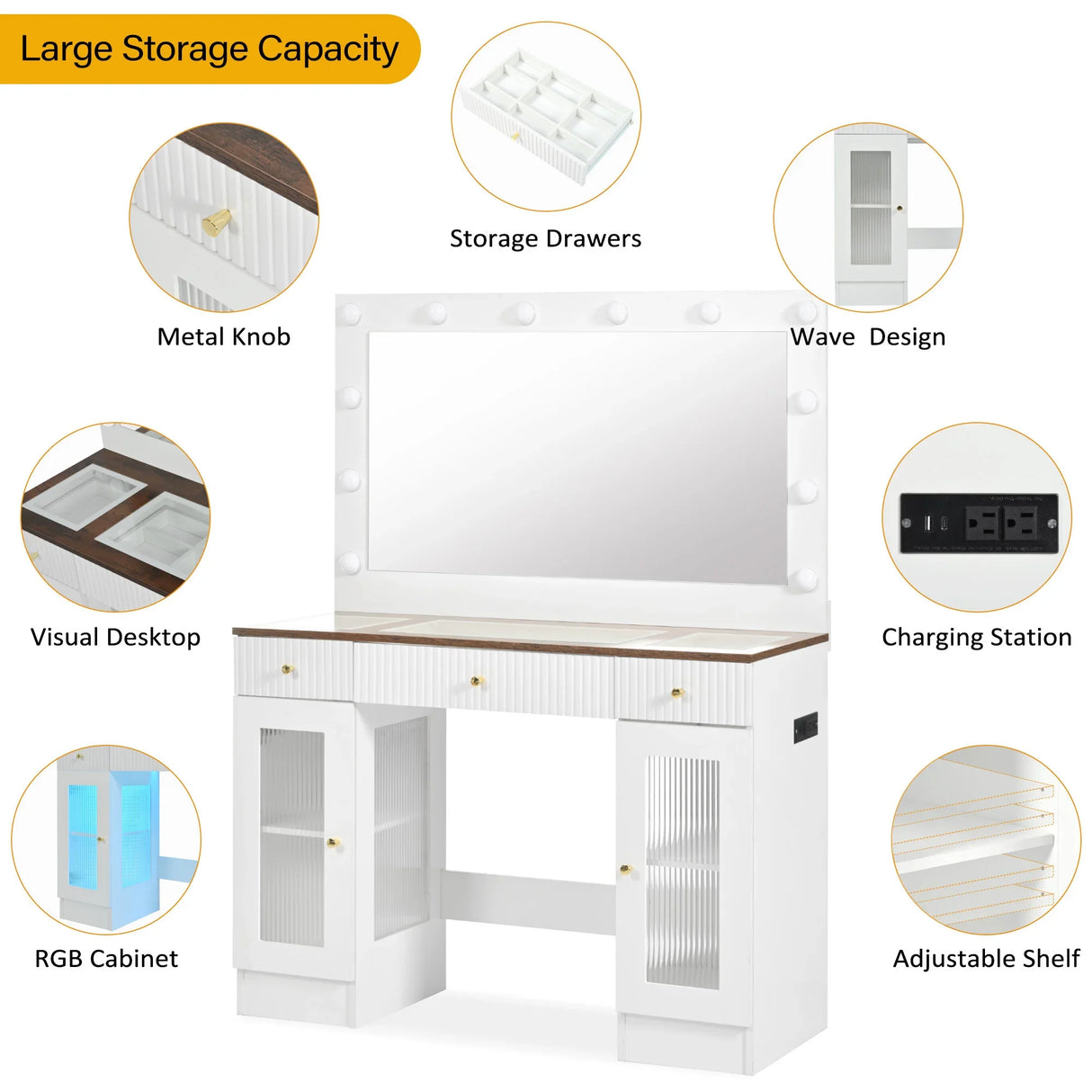 Vanity Desk With Large Mirror And Hollywood Bulbs White - Furniture Home Direct