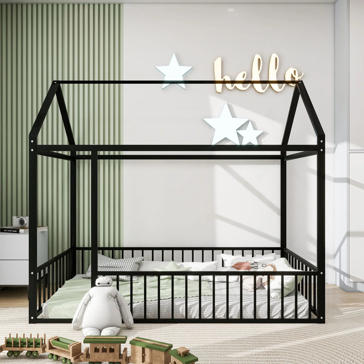 Metal Bed House Bed Frame With Fence - Furniture Home Direct