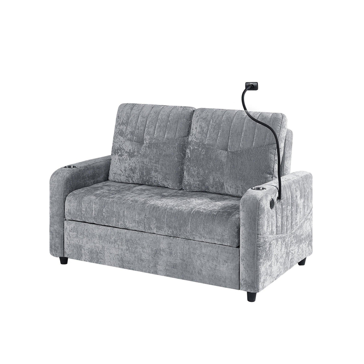 Sleeper Sofa With Adjustable Backrest, Two Cup Holders, Phone Holder, Three Charging Ports And Side Storage Pockets - Gray - Furniture Home Direct