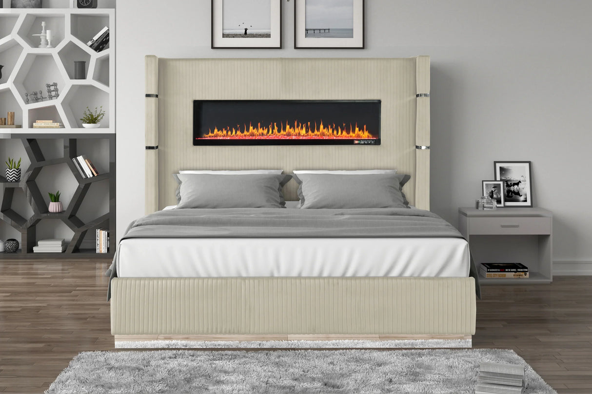 Queen Bed With Fireplace Headboard Velvet Upholstery Beige - Furniture Home Direct