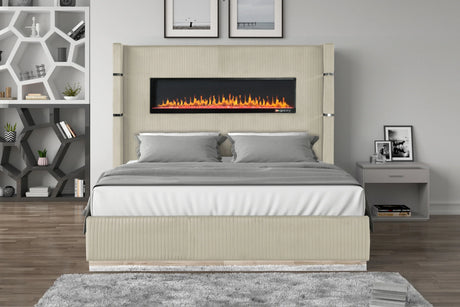 Queen Bed With Fireplace Headboard Velvet Upholstery Beige - Furniture Home Direct