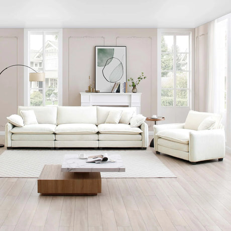 Mid-Century Modern Sofa with 4 Throw Pillows and Accent Chair, Beige Corduroy Fabric - Furniture Home Direct