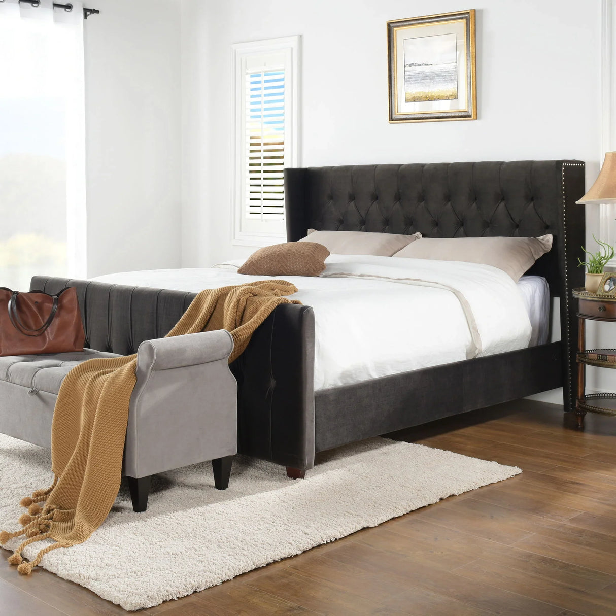 David - King Tufted Wingback Bed - Dark Charcoal Gray - Furniture Home Direct