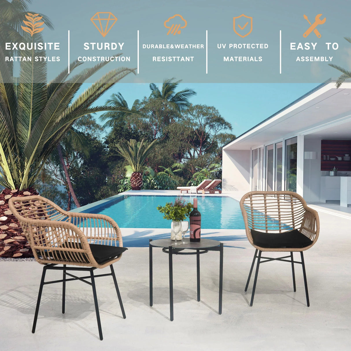 3 Pieces Of Luxury Outdoor Wicker Furniture, Patio Bistro Style Table And Chair Combination, Weather Resistant PE Wicker Weave, Suitable For Garden - Black / Natural - Furniture Home Direct