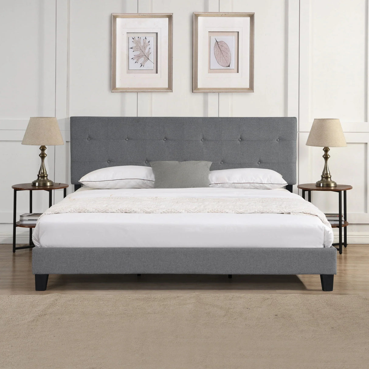 King Size Upholstered Platform Bed Frame With Button Tufted Linen Fabric Headboard, No Box Spring Needed, Wood Slat Support - Furniture Home Direct