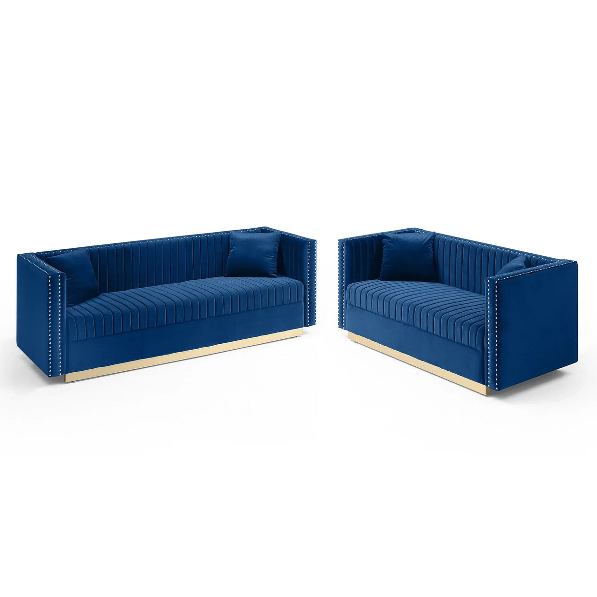 Contemporary Vertical Channel Tufted Velvet Sofa Loveseat Upholstered 2 Pieces Set With 4 Pillows - Furniture Home Direct