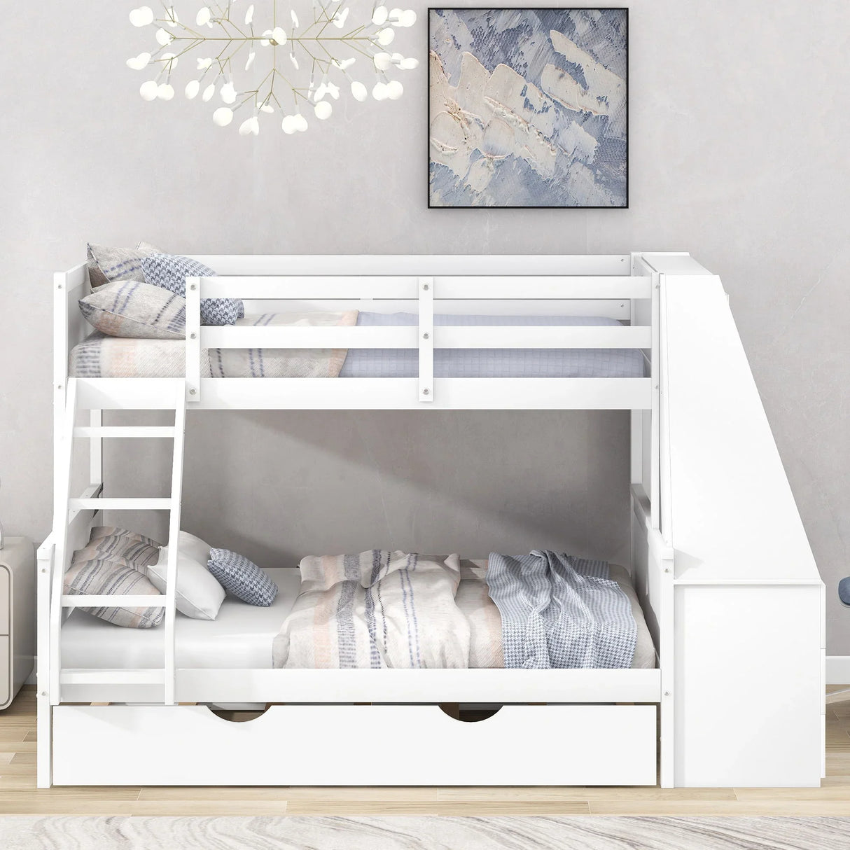 Twin Over Full Bunk Bed With Trundle And Built-In Desk, Three Storage Drawers And Shelf - White - Furniture Home Direct