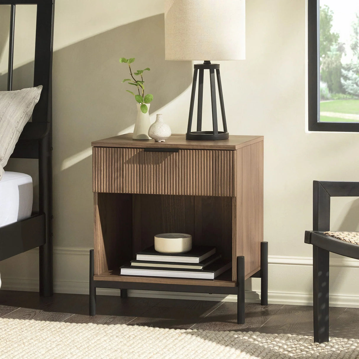 Modern Fluted Drawer Nightstand With Open Cubby Coastal - Furniture Home Direct