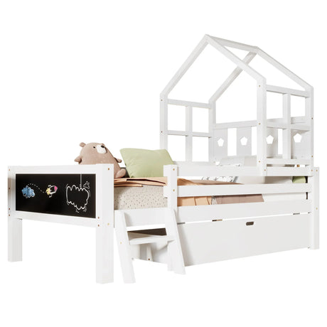 House Bed With Ladder And Storage Drawers Platform With Blackboard, No Box Spring - Furniture Home Direct
