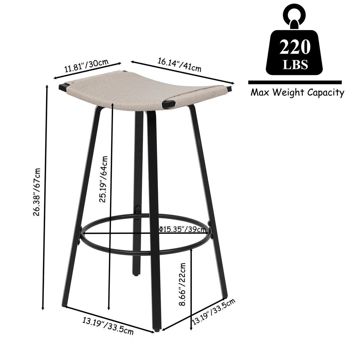 Counter Height Bar Stools Backless Handwoven Kitchen Dining Chairs With Round Footrest (Set of 2) Weaving Pub Stoo - Creamy White - Furniture Home Direct