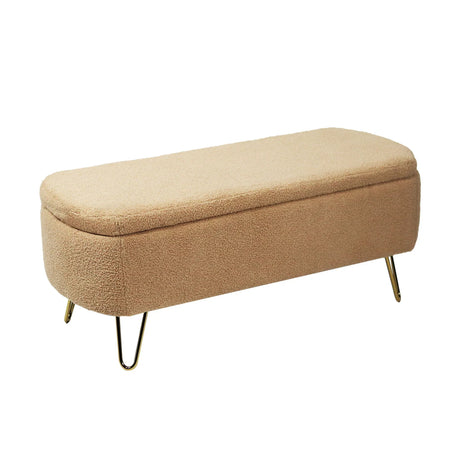 Storage Ottoman Bench For End Of Bed Gold Legs, Modern Camel Faux Fur Entryway Bench Upholstered Padded With Storage For Living Room Bedroom - Furniture Home Direct