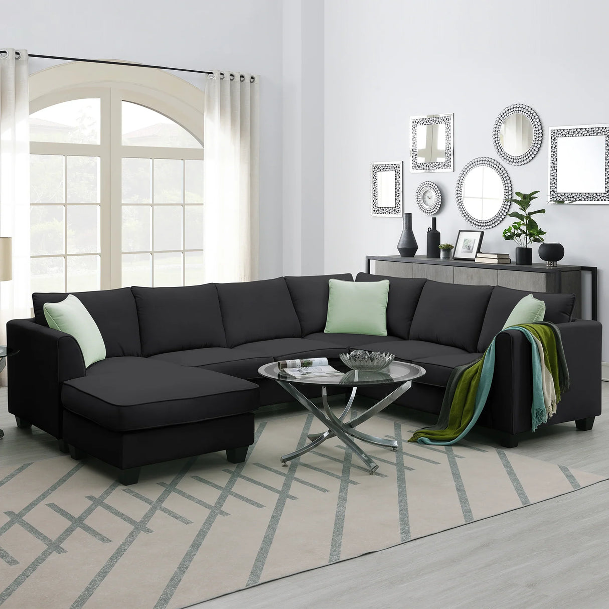 L Shaped Sectional Sofa with Ottoman and Cushions Black - Furniture Home Direct