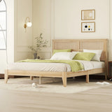 Queen Size Rubber Wooden, Solid Wooden Bed With Rattan Headboard, Enhanced By Support Feet - Natural - Furniture Home Direct