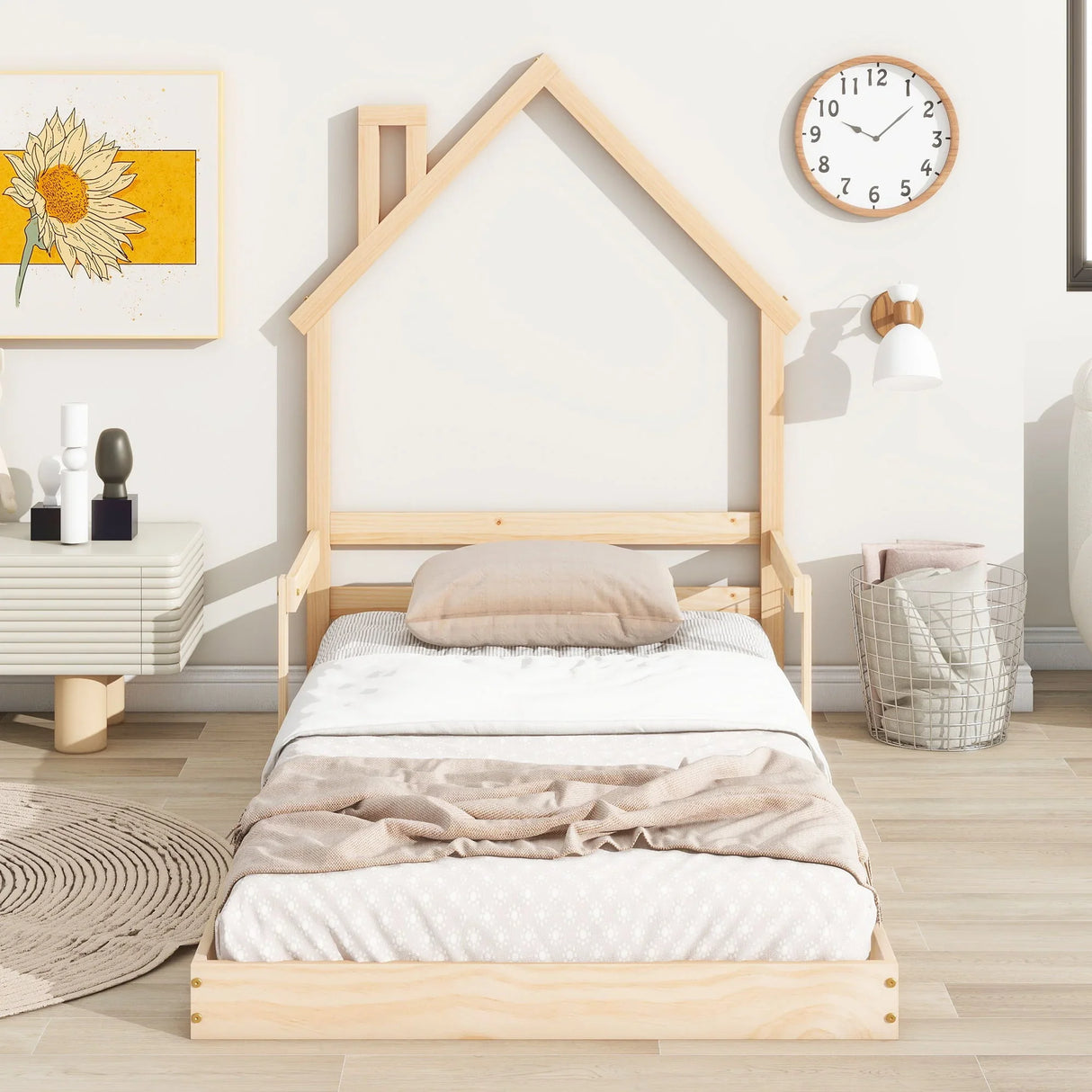 Twin House-Shaped Headboard Floor Bed With Handrails, Slats - Furniture Home Direct