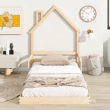 Twin House-Shaped Headboard Floor Bed With Handrails, Slats - Furniture Home Direct