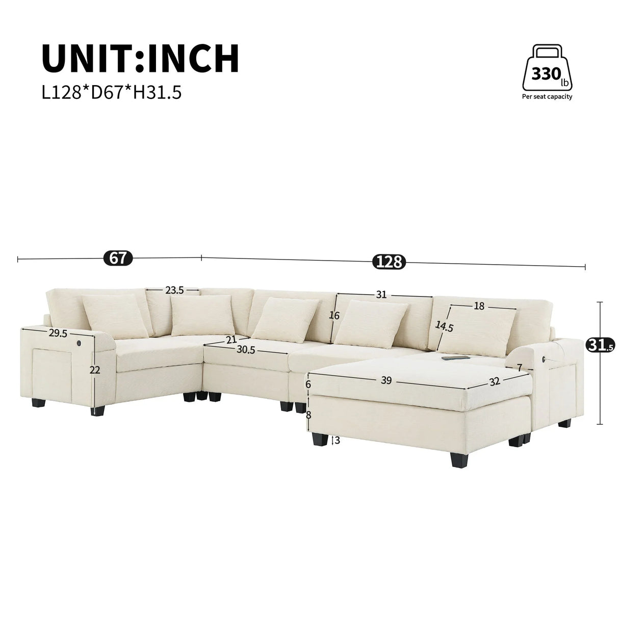 U Shaped Sectional Sofa 6 Seat Couch Set With Oversized Ottoman, Hidden Armrest Storage And Cup Holders USB Charging Ports Wide Seat Sofa - Furniture Home Direct