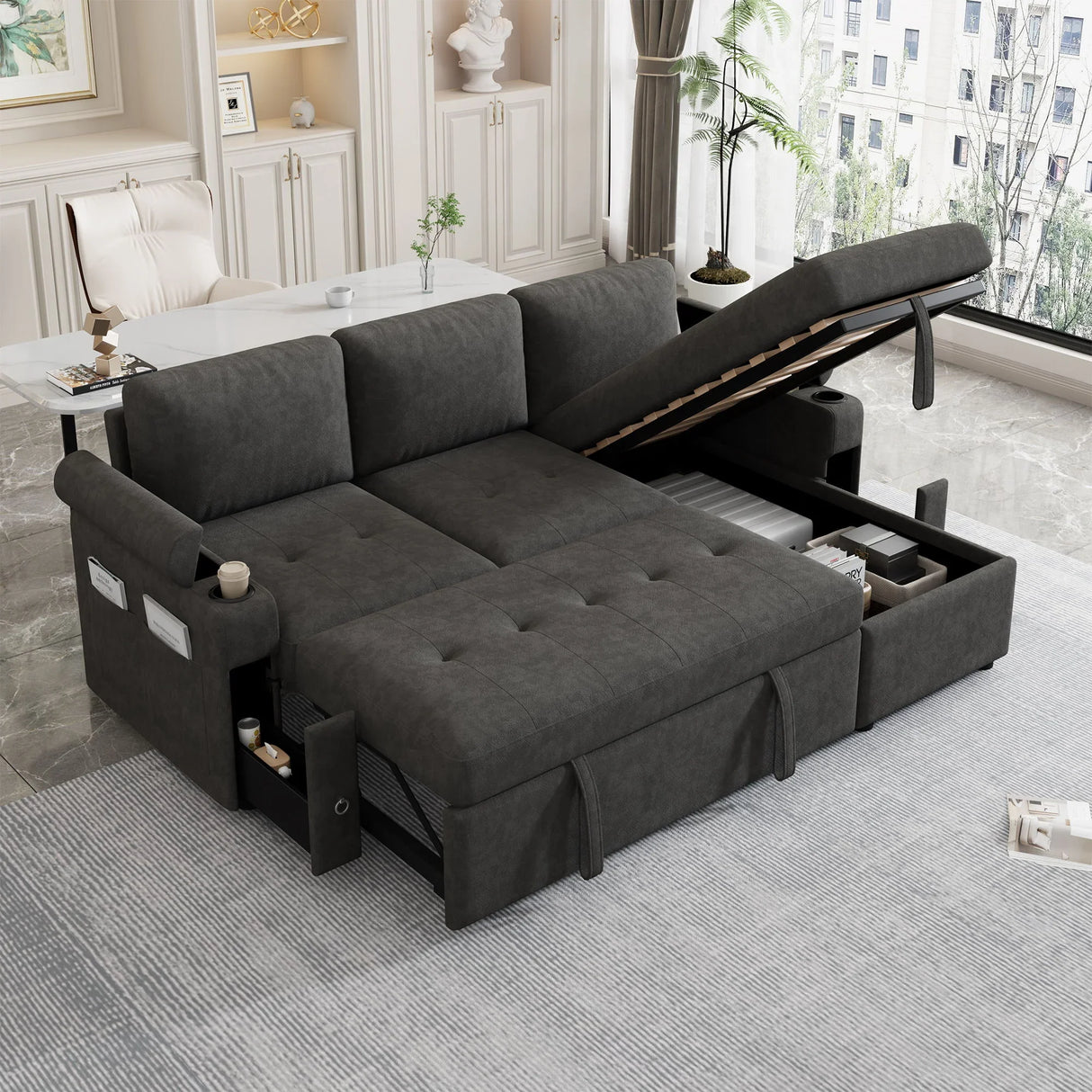 Convertible L Shaped Sofa Couch With Storage, Cup Holders, USB Ports - Furniture Home Direct