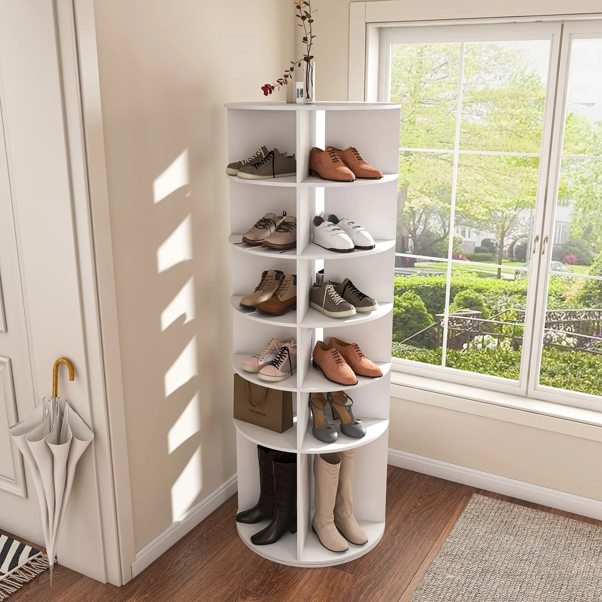 Free Standing 360° Revolving Shoe Organizer for 24 Pairs of Shoes (6-Tier White) - Furniture Home Direct