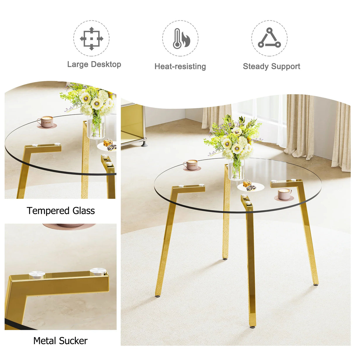 Dining Table Round Glass Top With Gold Legs Transparent - Furniture Home Direct