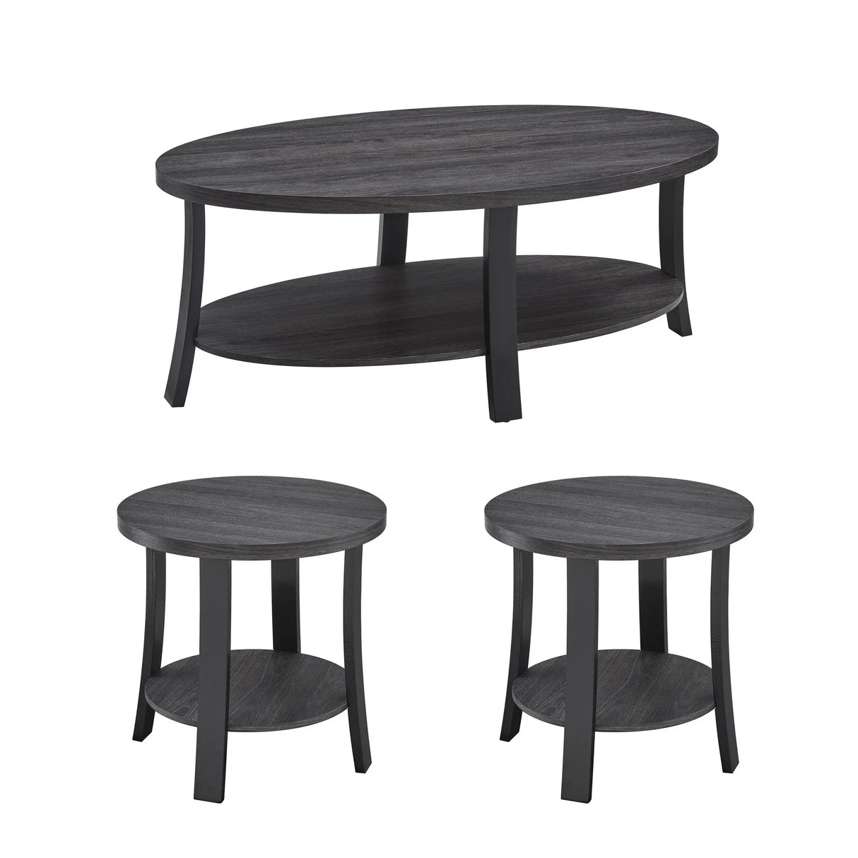 Anze - 3 Piece Coffee Table Set Contemporary Oval Wood Shelf - Charcoal - Furniture Home Direct