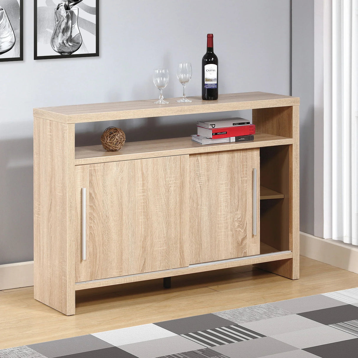 Sideboard Buffet Entry Cabinet Sliding Doors Metal Bar Handles Four Shelves - Furniture Home Direct