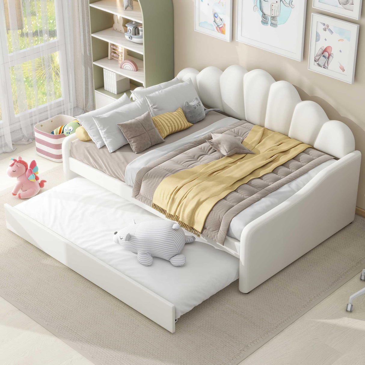Upholstery Daybed Frame With Shell Shaped Backrest And Trundle - Furniture Home Direct