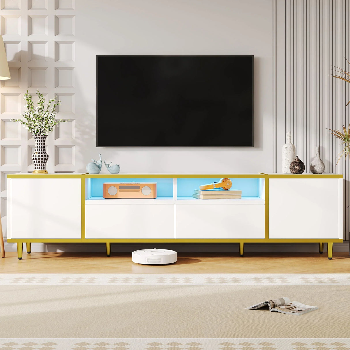 TV Stand For TVs Up To 80", Entertainment Center With 2 Shelves And LED Lights - Furniture Home Direct