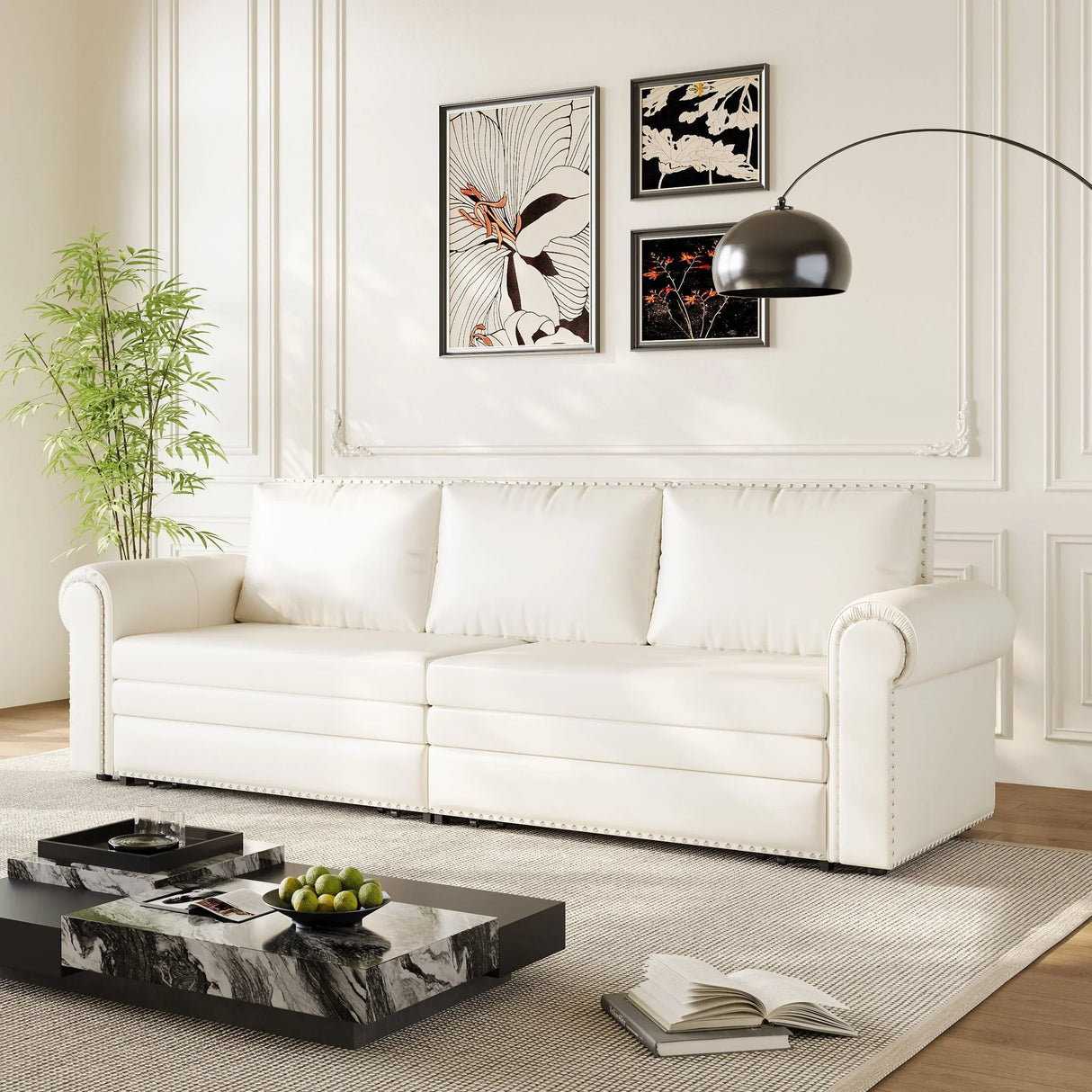 3 In 1 Convertible Sleeper Sofa With Nailhead Trim & Rolled Arm - Furniture Home Direct
