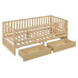 Daybed With Fence Guardrails And 2 Drawers, Split Into Independent Floor Bed & Daybed - Furniture Home Direct
