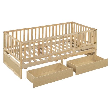 Daybed With Fence Guardrails And 2 Drawers, Split Into Independent Floor Bed & Daybed - Furniture Home Direct