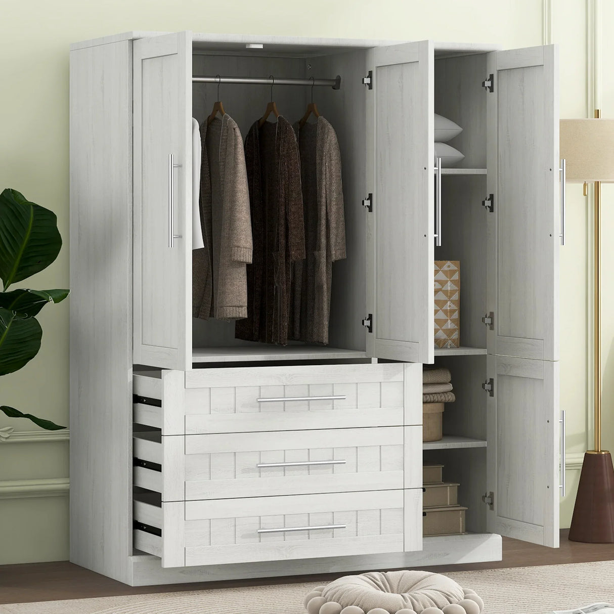Wardrobe With 4 Doors And 3 Drawers Solid Wood White - Furniture Home Direct