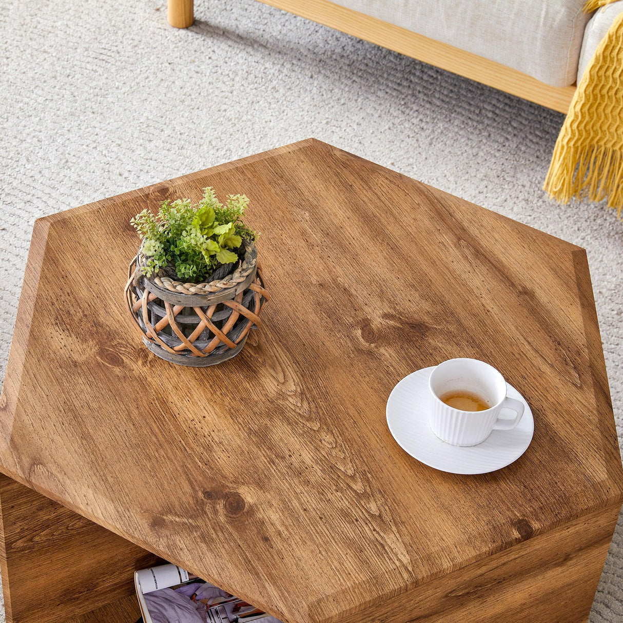 Coffee Table Set Hexagonal Wood Open Shelves Modern Wood - Furniture Home Direct