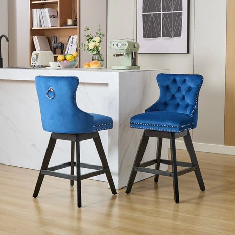 Bar Stools Swivel Velvet Tufted Nailhead Trim Set of 2 Blue - Furniture Home Direct