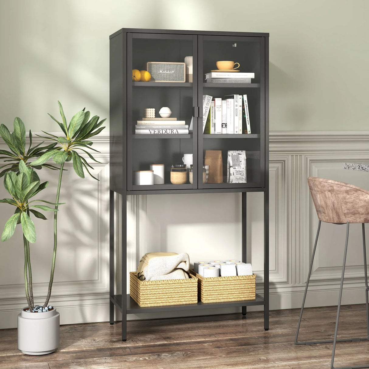 Heavy Duty Metal Storage Cabinet, Display Storage Cabinet With Glass Doors And 2 Adjustable Shelves, Tall Bookcase Modern Bookshelf Cabinet For Home Office, Living Room, Pantry - Furniture Home Direct
