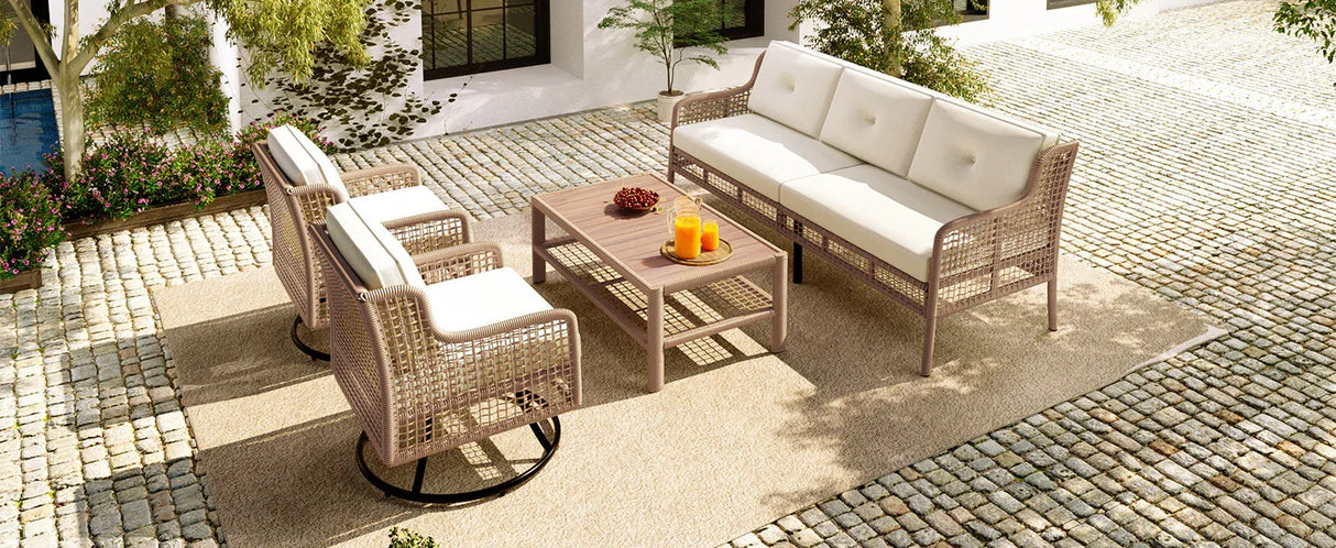 4 Piece Outdoor Patio Set with Swivel Chairs - Beige - Furniture Home Direct