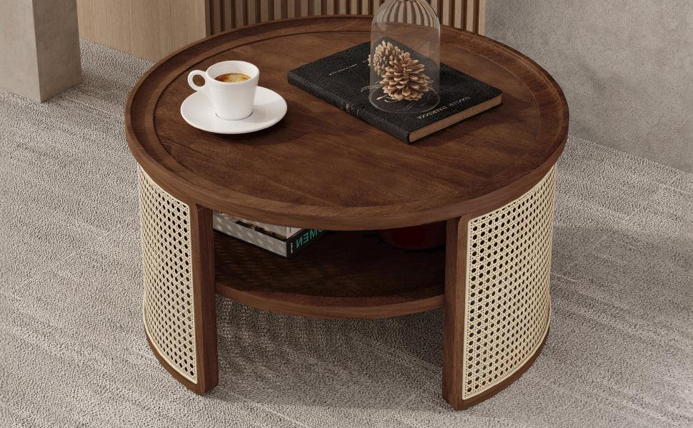 2-Tiered Round Walnut Wood Coffee Table - Furniture Home Direct