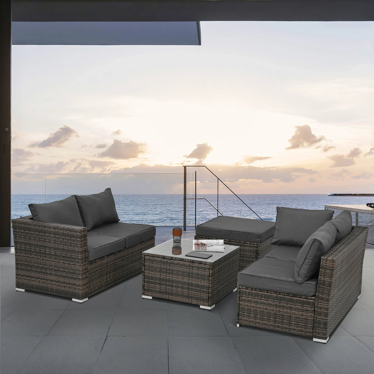 5 Piece Wicker Patio Sectional Set - Gray - Furniture Home Direct