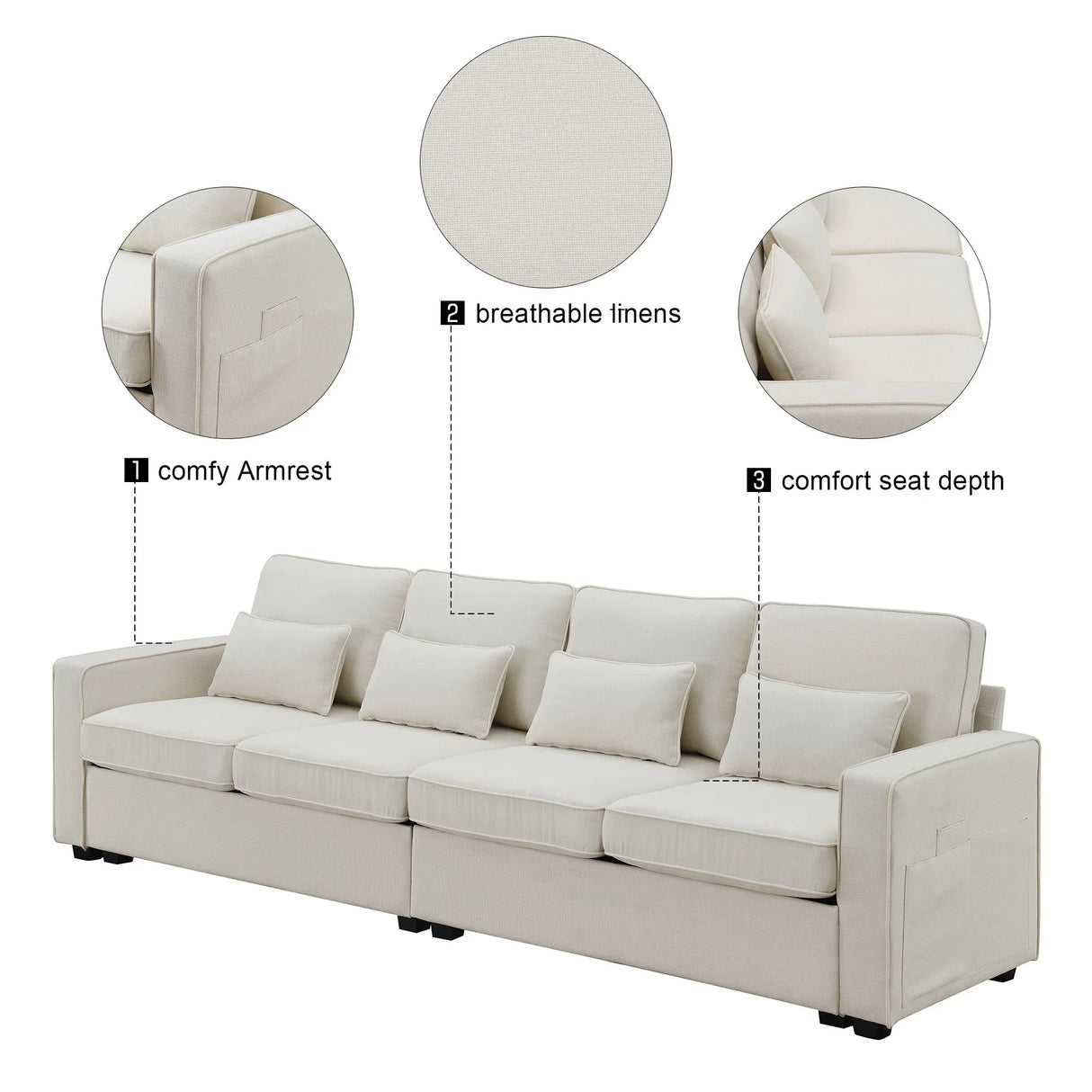 4 Seater Modern Linen Sofa With Armrest Pockets And 4 Pillows, Minimalist Style Couch For Living Room - Furniture Home Direct