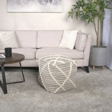 Modern Wool Rope Square Pouf Ottoman Floor Cushion - Gray / Ivory - Furniture Home Direct